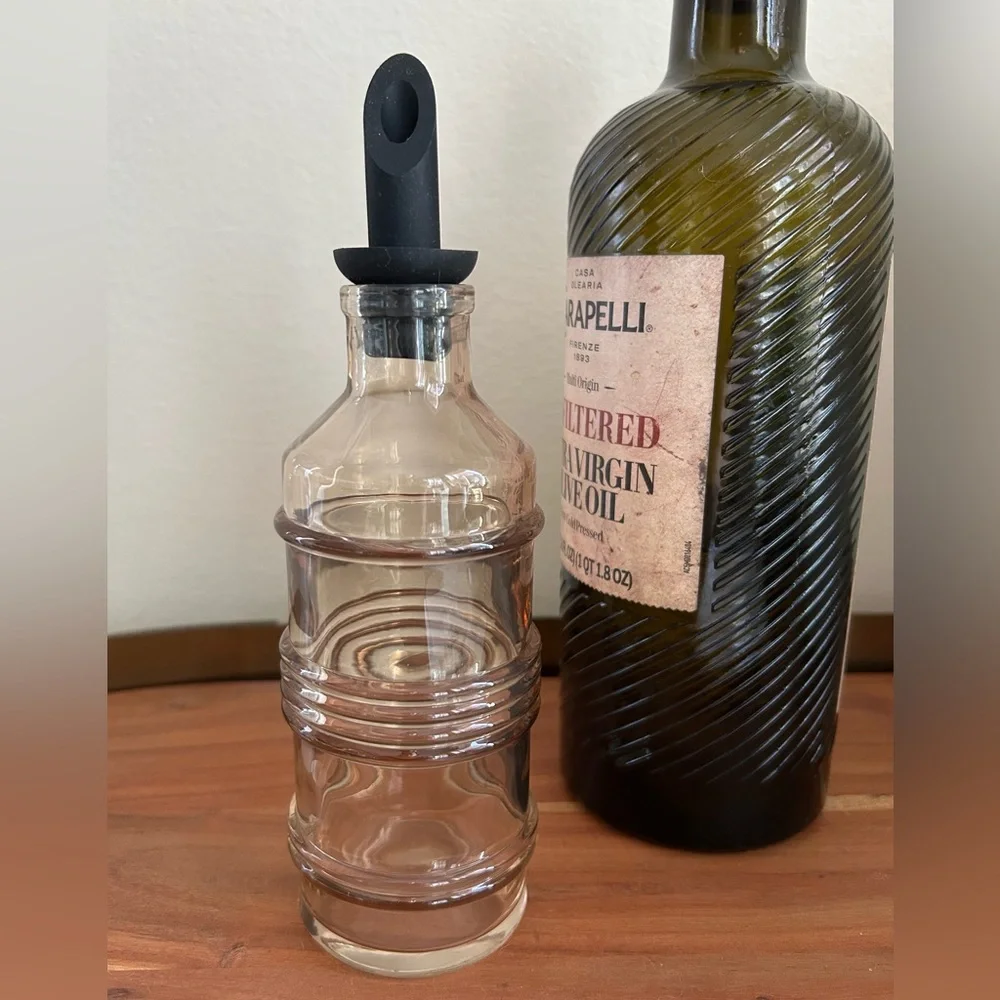 Crate&Barrel Amber Glass Cruet-Dispenser with Black silicone spout